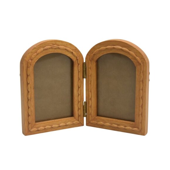 Craved Wood Double Picture Frame Hinged Arched Handcrafted - Picture 1 of 4